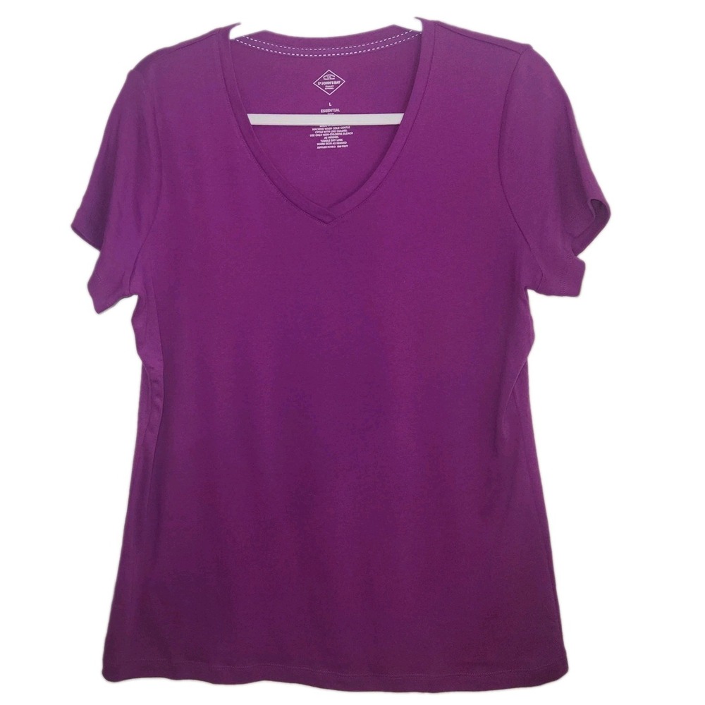 Women Large Purple V-Neck T-Shirt Essential Short Sleeve Cotton L